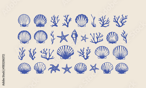 Sea life seamless pattern with shell and starfish of illustration, Sea shells vector seamless pattern, Set of sea and ocean underwater animals., easily editable.