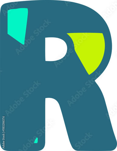 Bold and colorful letter R in a modern, abstract style. The letter features teal, lime green, and turquoise accents, making it visually striking and perfect for creative design projects