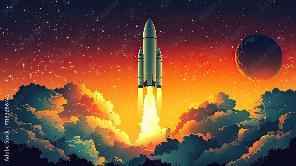 Obraz premium Rocket Launching Through Clouds Towards Distant Planet