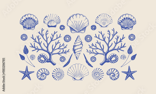 Sea life seamless pattern with shell and starfish of illustration, Sea shells vector seamless pattern, Set of sea and ocean underwater animals., easily editable.