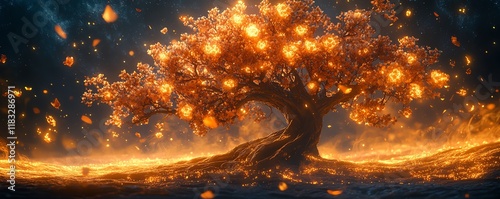 A braintree hybrid with glowing flowers, symbolizing a creative mind and emotional wellness, intricate roots and branches, ethereal lighting, hyperdetailed, fantasy realism