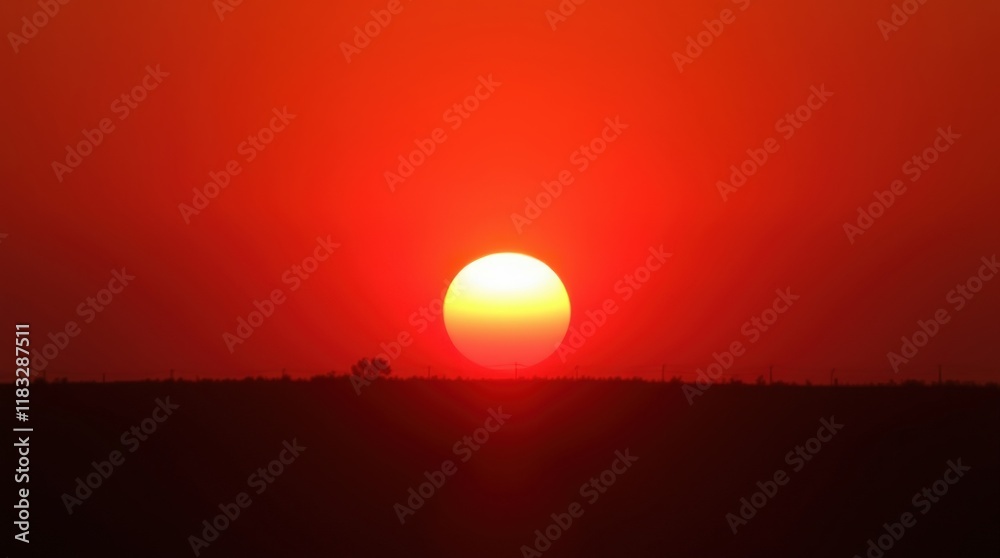 Fiery Sunset Landscape: A breathtaking view of a vibrant, red sunset over a flat horizon. The sun is a large, bright orb, dominating the sky. Fiery Sunset Landscape: A breathtaking view of a vibrant, red sunset over a flat horizon. The sun is a large, bright orb, dominating the sky.