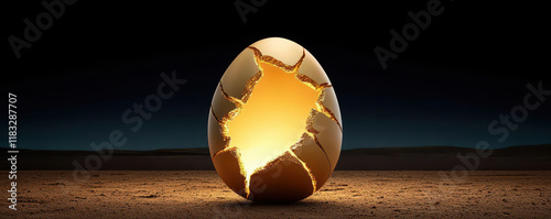 A cracked egg shell revealing a bright light inside, symbolizing new beginnings.