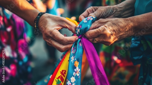 A detailed shot of hands tying a knot on a traditional wedding sash for a cultural ritual. photo