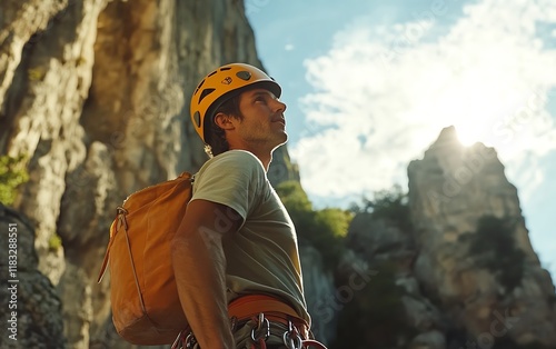 Climber preparing to ascend a towering rocky rift, adjusting climbing rope for safety, actionoriented, rugged outdoor adventure, highly detailed, 4K video photo