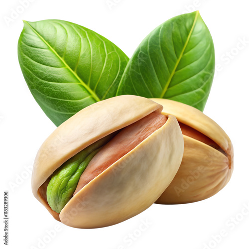 Fresh pistachio nuts with leaves isolated on transparent background