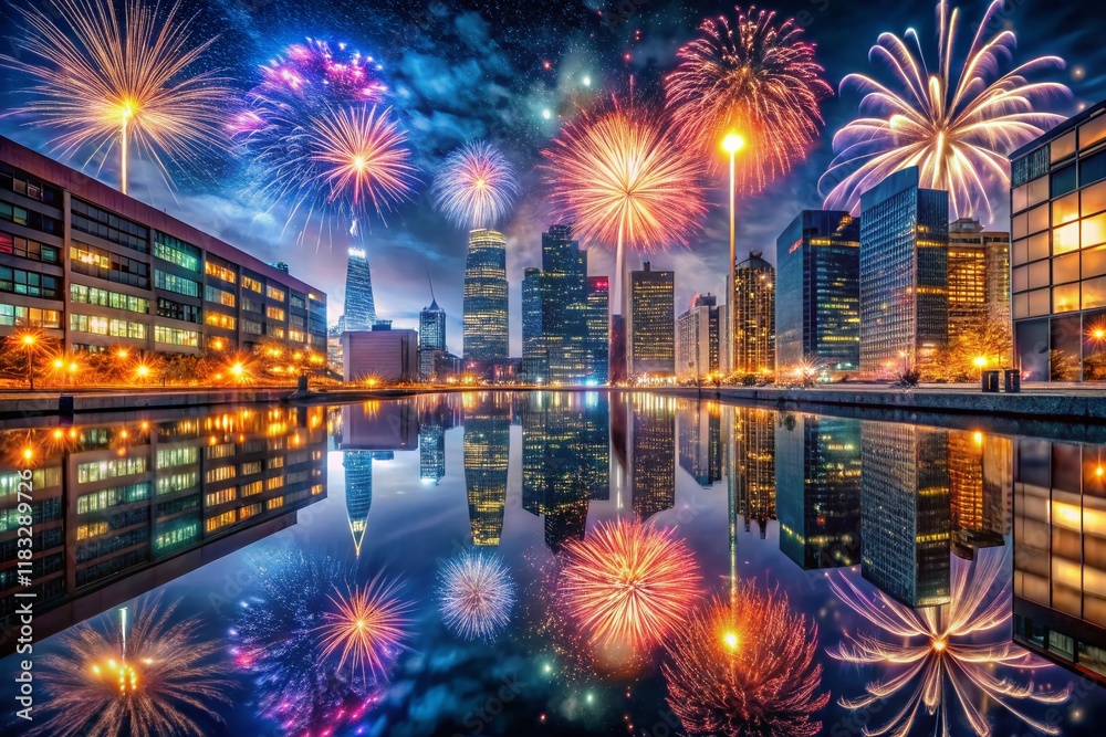 Obraz premium New Year's Eve Fireworks Over Sleek City Skyline, Festive Lights Illuminating Streets