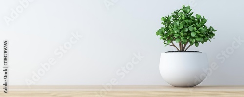 Minimal furniture idea. A beautiful green plant in a modern white pot on a wooden table against a minimalistic wall.