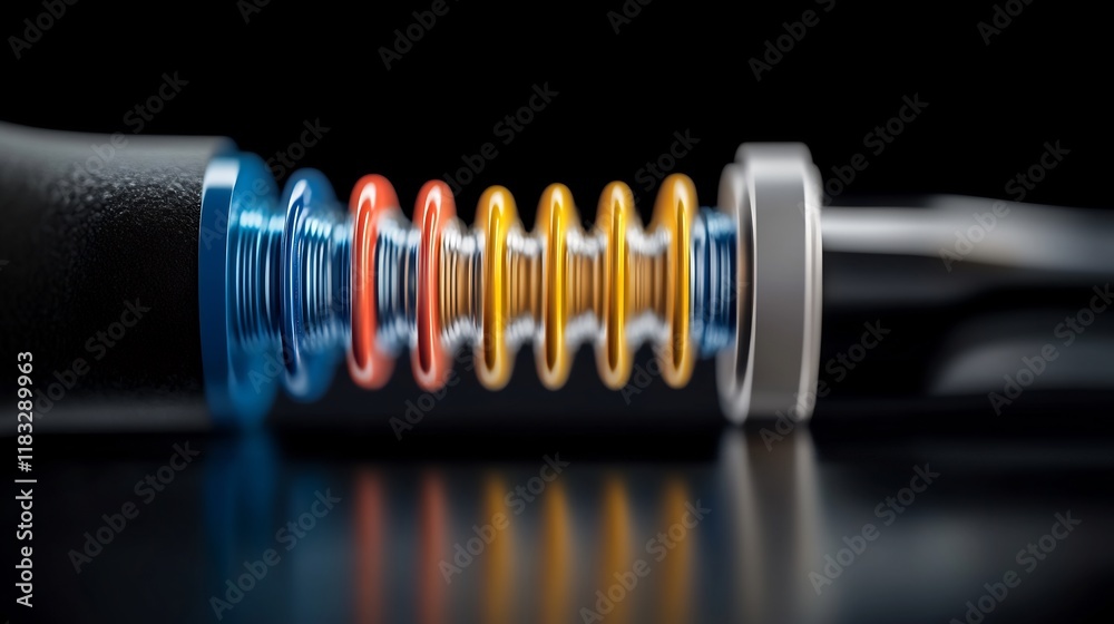 Close-Up Photo: Vibrantly Colored Precision Engineered Springs Gleaming on Dark Surface. AI Generated Close-Up Photo: Vibrantly Colored Precision Engineered Springs Gleaming on Dark Surface. AI Generated