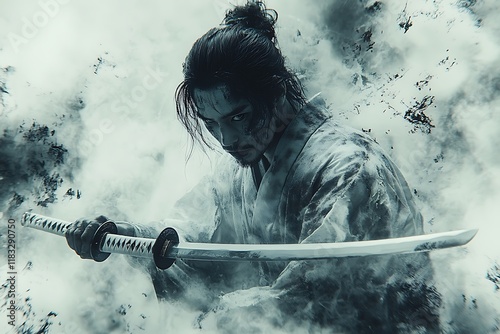 A lone samurai stands ready for battle, katana drawn amidst a swirling mist.