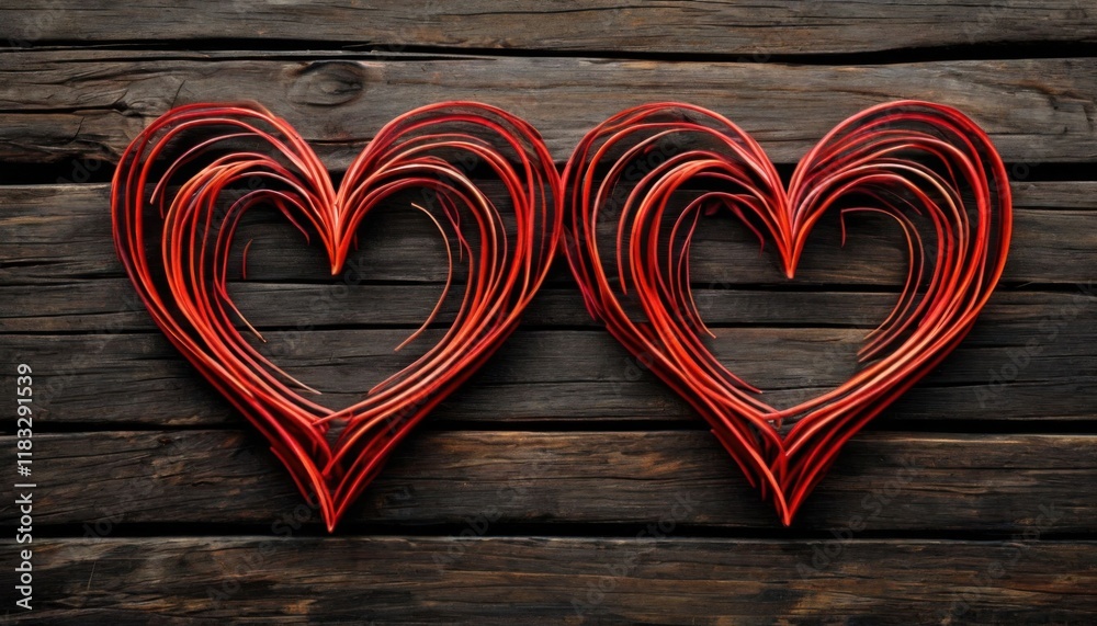 two ornate, heart-shaped frames made of red and black filigree, set against a rustic wooden background two ornate, heart-shaped frames made of red and black filigree, set against a rustic wooden background