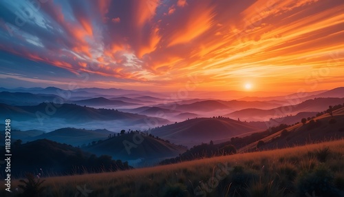 Fiery Sunset Over Rolling Hills And Misty Valleys