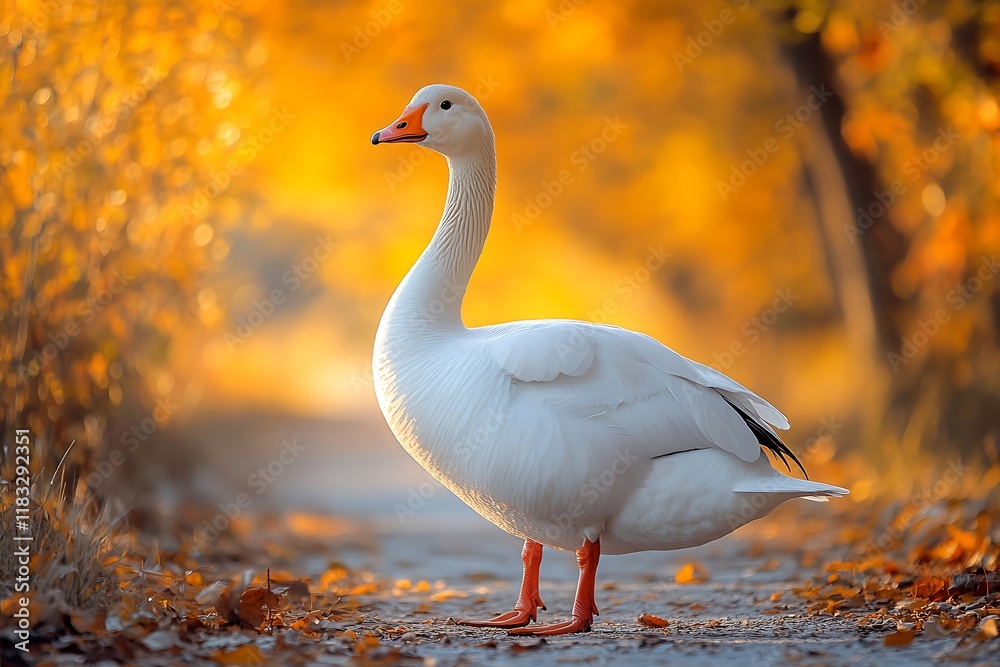 Obraz premium A majestic white goose graces an autumnal path, bathed in the warm glow of the golden hour.