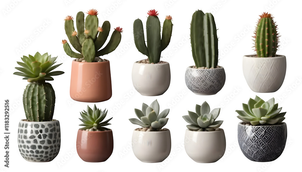 Fototapeta premium A collection of various mixed types of small cacti and succulents arranged in a modern ceramic Nordic vase, designed as furniture cutouts and isolated on a transparent PNG background