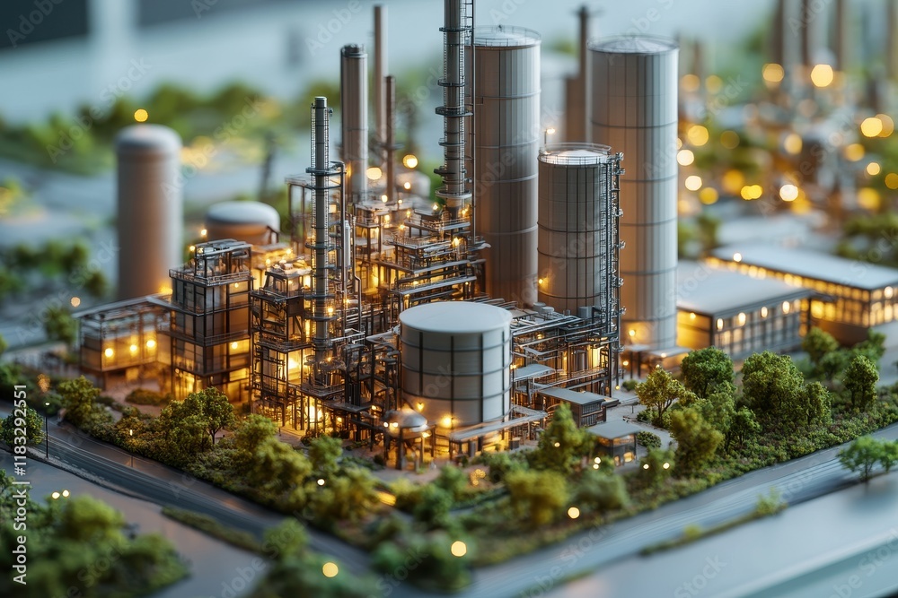 Obraz premium Illuminated Industrial Refinery Model with Lush Greenery and Detailed Structures at Dusk