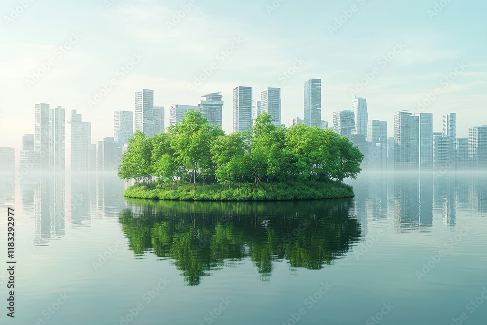 Lush Green Island Surrounded by Calm Water with Modern City Skyline in the Background on a Clear Day Lush Green Island Surrounded by Calm Water with Modern City Skyline in the Background on a Clear Day