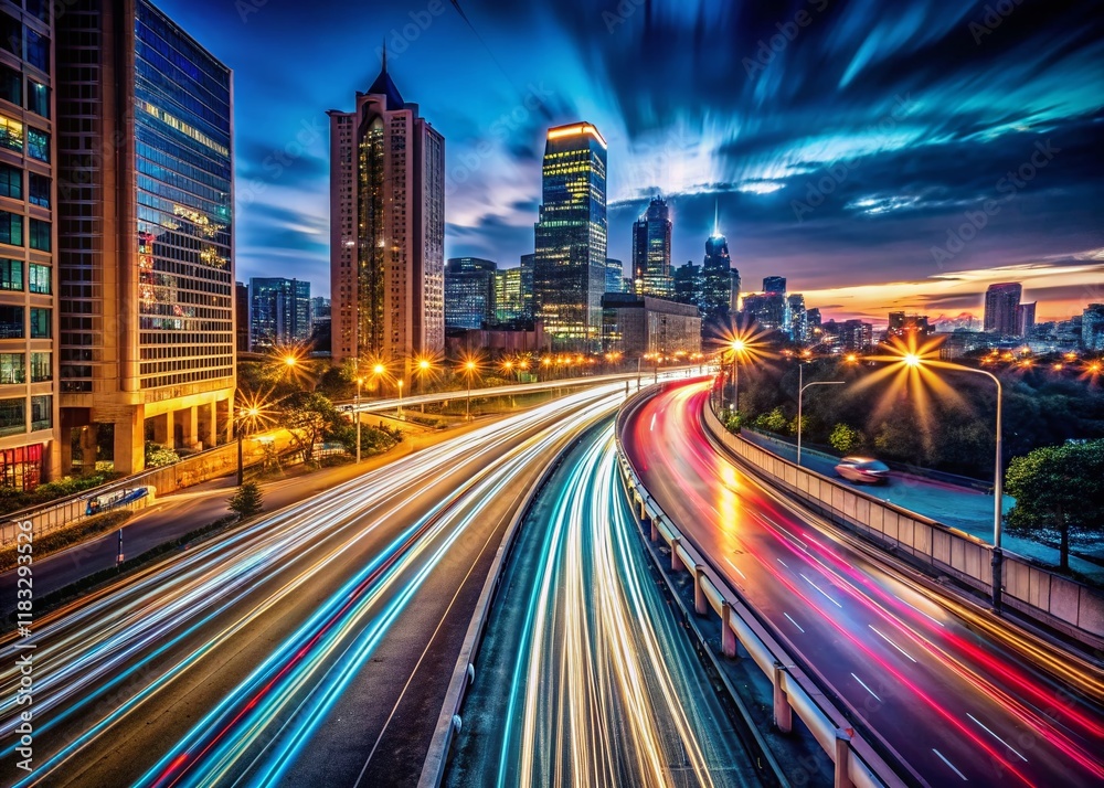 Fototapeta premium Night City Light Trails, Long Exposure Photography, Urban Scene, Glowing Streaks, Dark Cityscape