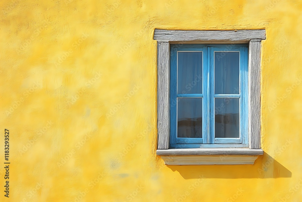 Colorful window on yellow wall with blue wooden shutters. Abstract background Colorful window on yellow wall with blue wooden shutters. Abstract background