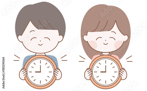時計を持つ女性と男性のキャラクターイラスト