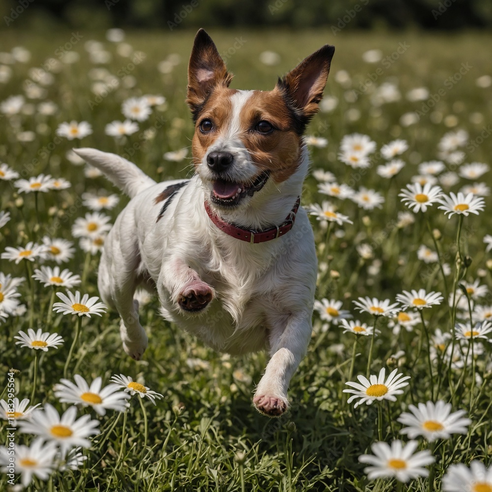 A Jack Russell terrier jumping in a field of daisies. A Jack Russell terrier jumping in a field of daisies.
