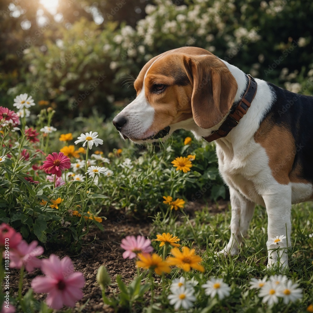 A beagle sniffing flowers in a garden. A beagle sniffing flowers in a garden.