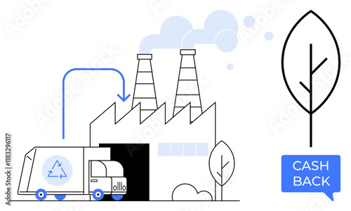 Recycling truck delivering to factory with two smokestacks, nearby leaf outline, and CASH BACK text in blue speech bubble. Ideal for sustainability, recycling, industrial, eco-friendly, reward