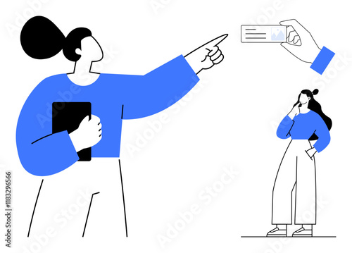 Person holding tablet and pointing with right hand, another person thinking, hand displaying business card. Ideal for teamwork, networking, communication, brainstorming, technology, business