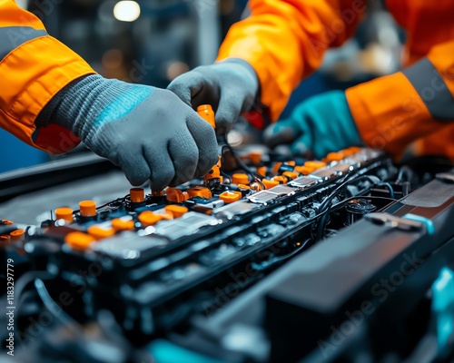 Car mechanic s hands working on electric car battery repair, inspecting the vehicle s electrical system for issues and ensuring proper maintenance at the service center photo