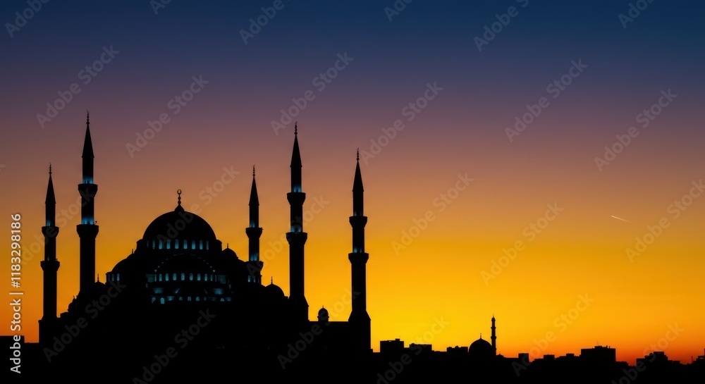 Obraz premium Celebrating Ramadan Majestic Mosque Silhouette at Sunset Spiritual Environment Dynamic Viewpoint