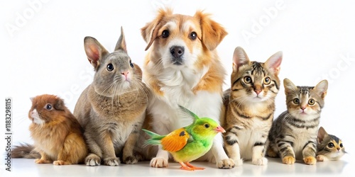 Night Photography: Adorable Pets Posing Individually on White Background