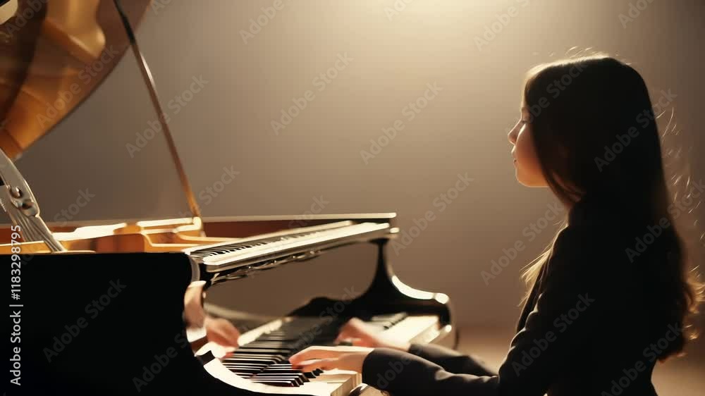 A young pianist gracefully plays a grand piano under soft, warm lighting, creating an elegant and artistic atmosphere.
