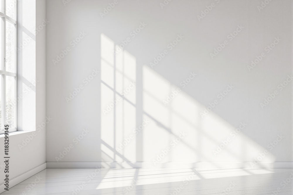 Empty bright room with sunlight casting window shadows on white walls and floor, creating a minimalistic aesthetic. Warm and peaceful space concept. Ai generative.