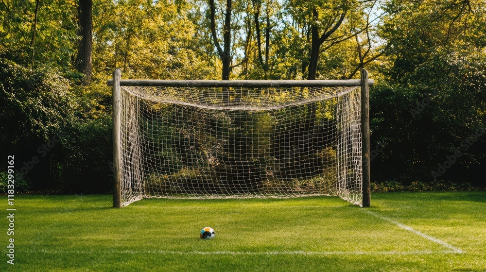Fototapeta premium A soccer net swaying in the wind during a break in a backyard game.