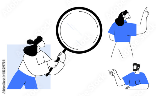 Large magnifying glass held by a person, two other figures pointing. Ideal for themes analysis, focus, discovery, teamwork, direction, research inspection. Blue and black colors abstract line flat
