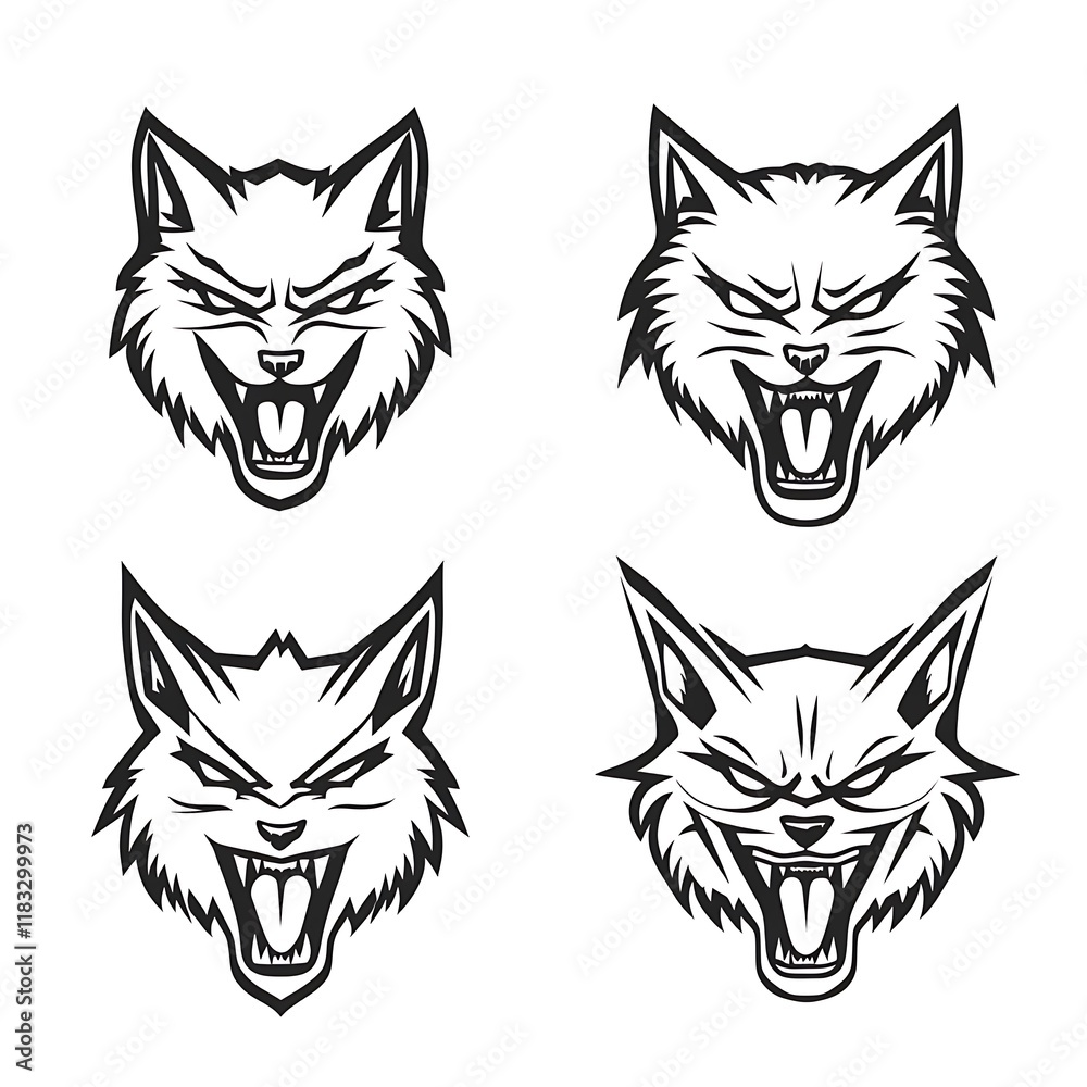 Four Angry Wildcat Mascot Heads in Black and White Four Angry Wildcat Mascot Heads in Black and White