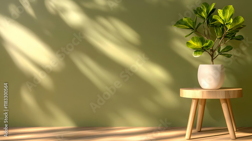 Cutout of an indoor plant in a pot on a wooden stool