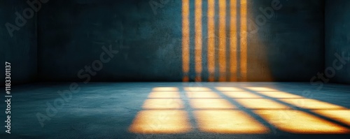 Dimly lit jail cell inside a grand courthouse, heavy iron bars casting shadows on the floor, symbol of justice, punishment, and the legal system