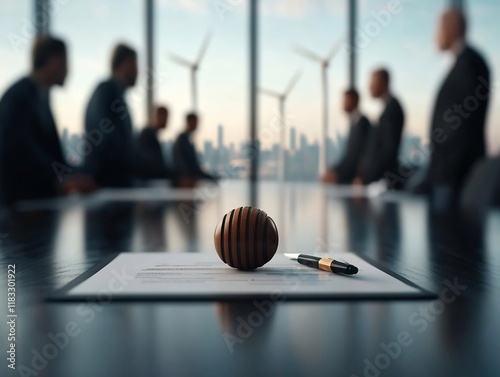 Offshore energy company executives gathered around a polished conference table finalizing a deal for a new offshore renewable energy project