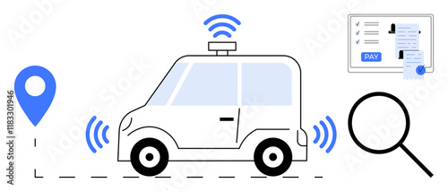 Autonomous car navigates with GPS, emits wireless signals, online payment form, magnifying glass. Ideal for smart transportation, technology, innovation, future mobility, automation smart cities