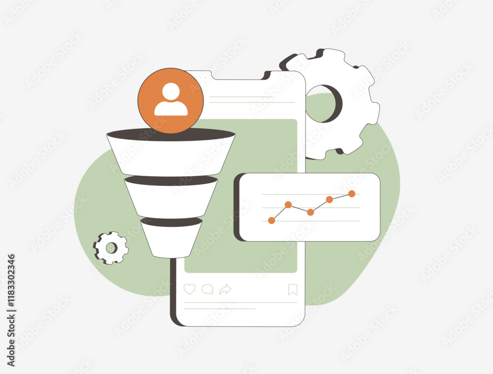 Social media lead generation with user interactions, conversion funnels and analytics. Boosting engagement, collecting leads and enhancing social media online marketing strategies vector illustration Social media lead generation with user interactions, conversion funnels and analytics. Boosting engagement, collecting leads and enhancing social media online marketing strategies vector illustration