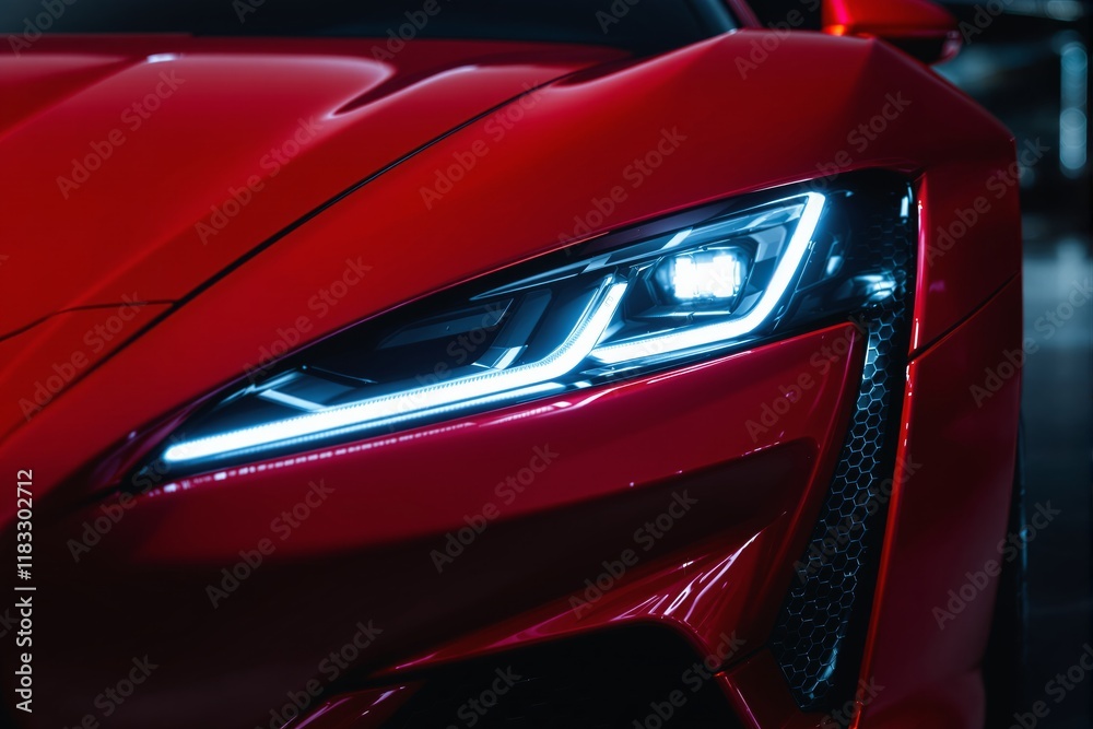 A close-up view of a red sports car headlight, showcasing sleek LED lighting and a glossy finish on a dark background. Concept of luxury. Ai generative