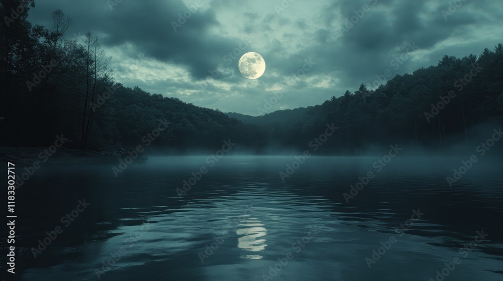 Fototapeta premium Moonlit lake, misty forest, night scene, calm water, spooky background, Halloween