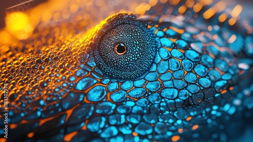 Hyper-realistic close-up of a chameleon's skin, color-changing chromatophores in action, scales and ridges in tack-sharp focus, shot on professional DSLR camera photo