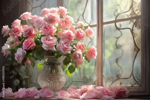 Blooming roses window flower plant. photo