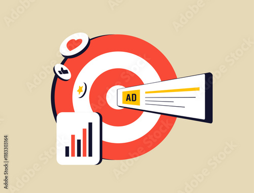 Targeted Digital Marketing, social media targeting. Behavioral, geotargeting and psychographic targeting in digital marketing. Targeted advertising vector illustration with icons on blue background