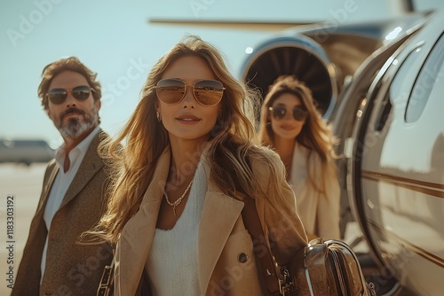 a chic family strides confidently toward a pristine private jet under the morning sun. family with private jet, luxury life, wealthy life