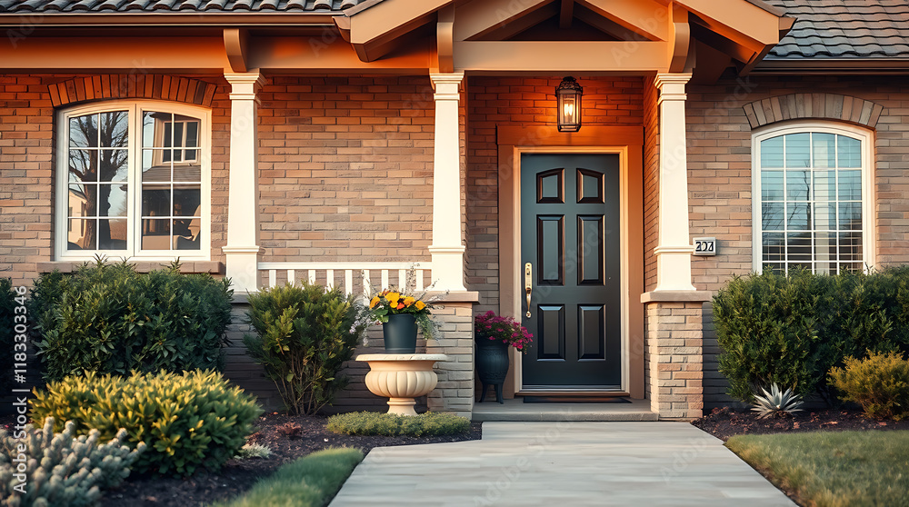 Obraz premium Brick House Entrance with Landscaping and Dark Door