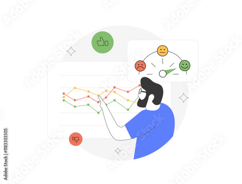 Sentiment analysis - social media sentiment, customer reviews and brand feedback. Positive, neutral and negative emotions in graphs for marketing and customer insights. Sentiment analysis illustration