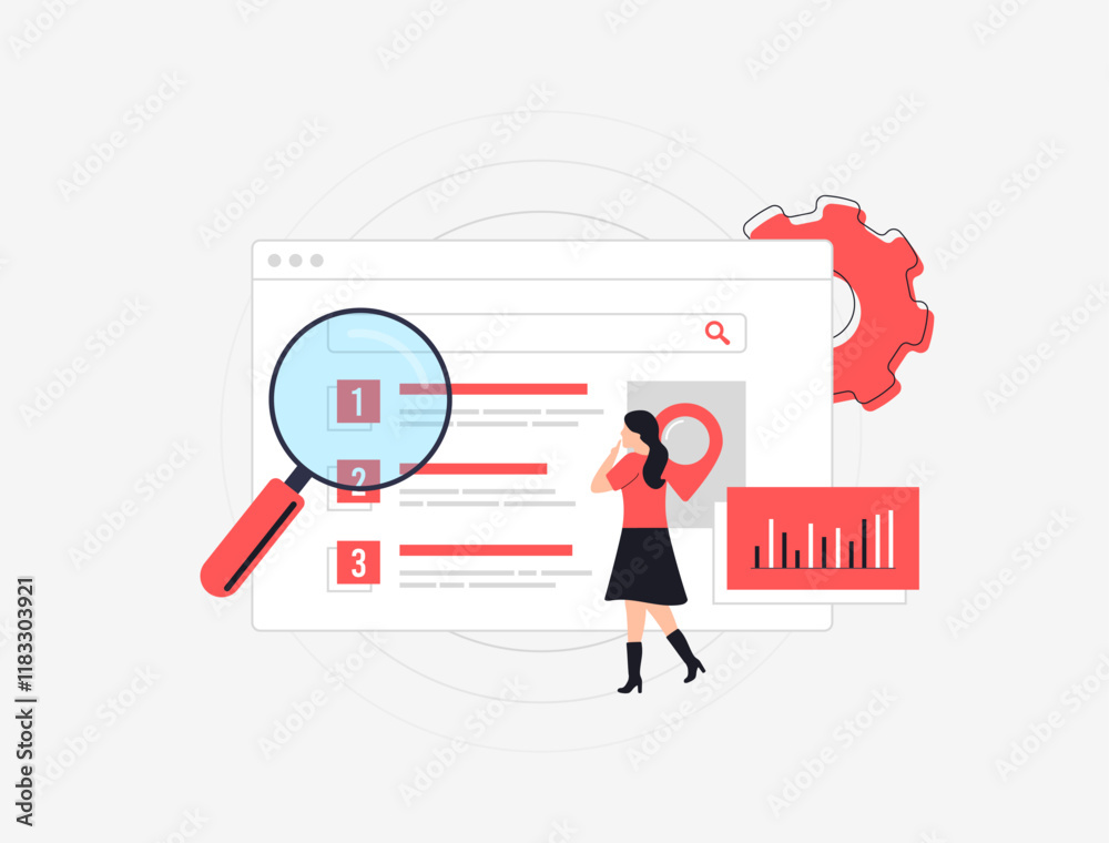 SEO results page concept. Young girl analyzing top search engine rankings. Website choices, charts and ranking icons, perfect for digital marketing and online visibility topics. Vector illustration. SEO results page concept. Young girl analyzing top search engine rankings. Website choices, charts and ranking icons, perfect for digital marketing and online visibility topics. Vector illustration.