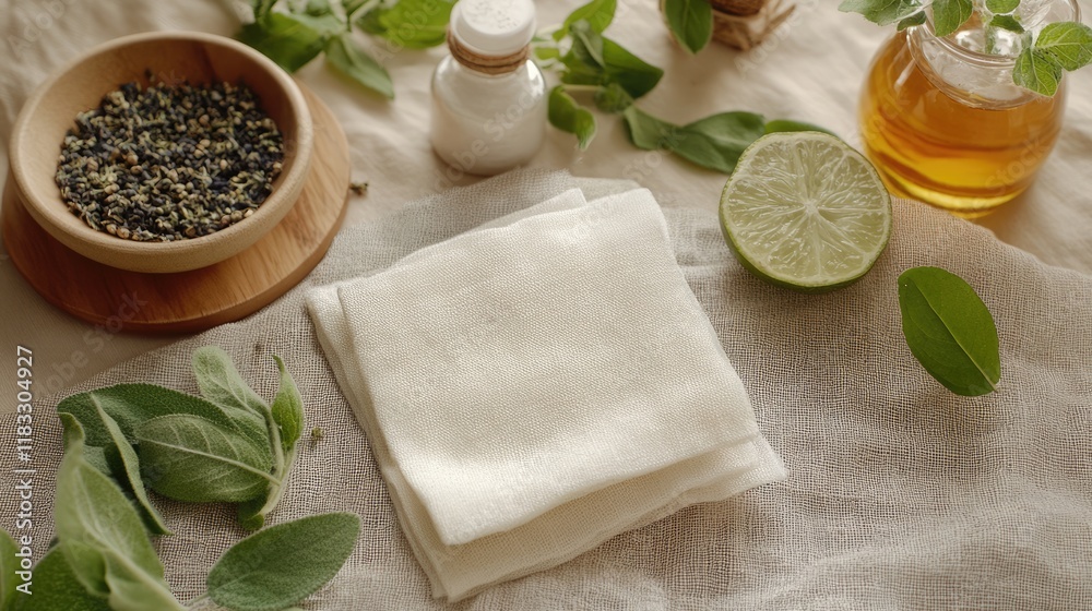 Gauze being used in a home remedy setup, alongside herbs and natural oils. Gauze being used in a home remedy setup, alongside herbs and natural oils.